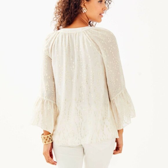 LILLY PULITZER Matilda Silk Blouse Metallic Gold Fish Clip Coconut Chiffon Small - Picture 2 of 8